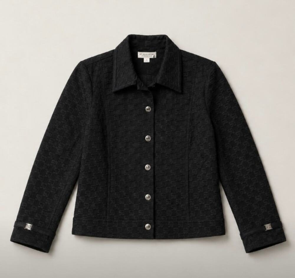Vintage St John Sport Marie Gray Black Logo Jacquard Jacket L Made USA